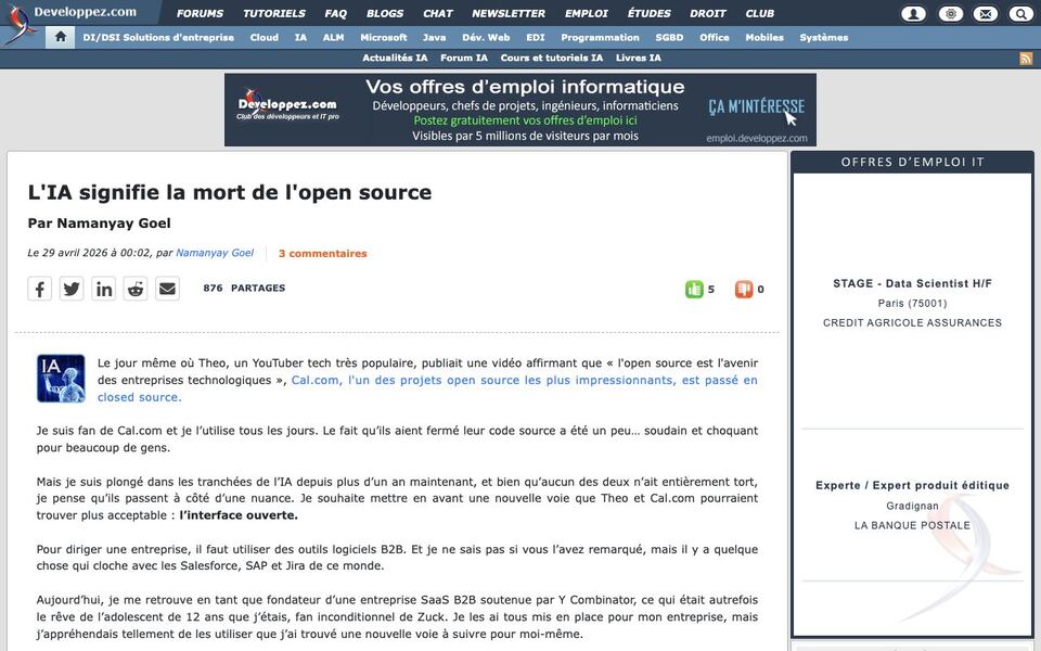 Developpez.com: L'IA signifie la mort de l'open source