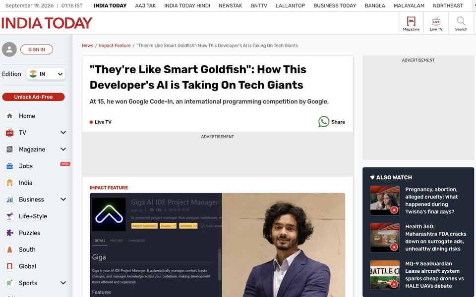 India Today: “They’re Like Smart Goldfish”: How This Developer’s AI is Taking On Tech Giants