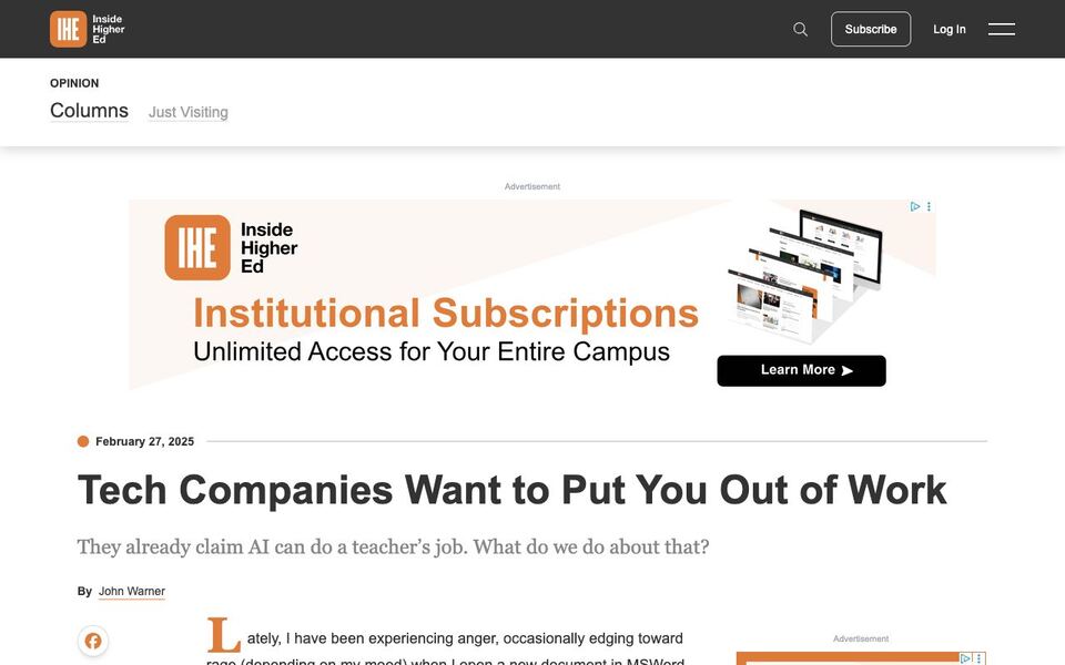 Inside Higher Ed: To make profit, AI companies will have to take your job