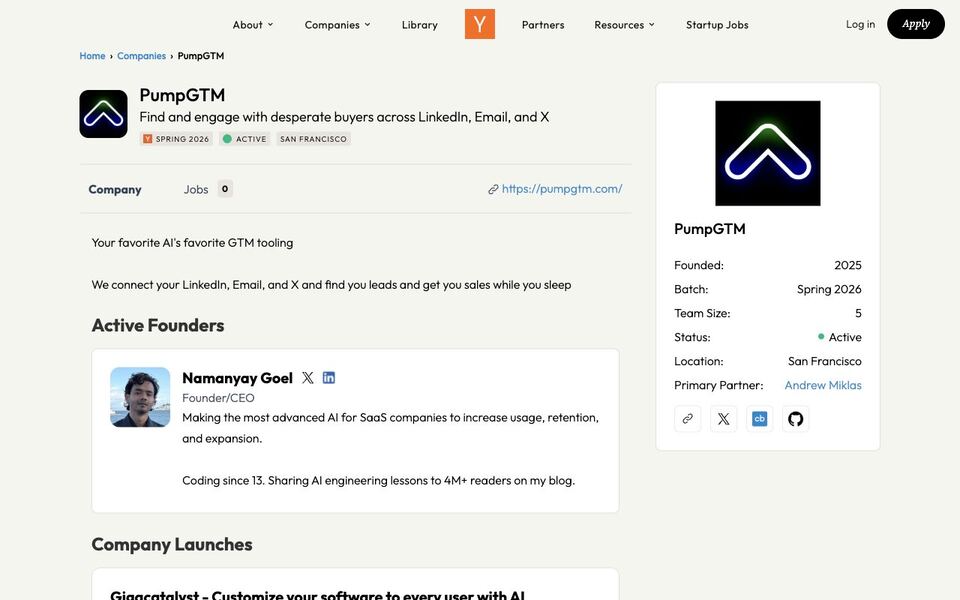 Y Combinator: PumpGTM — find and engage buyers across LinkedIn, email and X