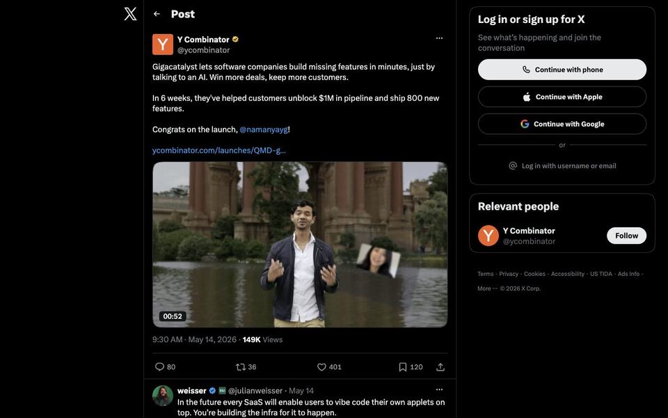 Y Combinator: Gigacatalyst launch — “Congrats on the launch, @namanyayg!”